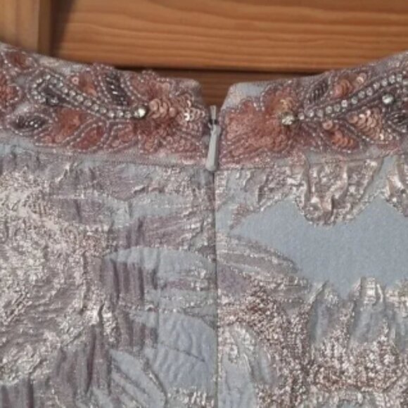 Theia Metallic Gold & Gray Beaded Sequin Neckline Bell Sleeve Dress Size 14 - Picture 3 of 8